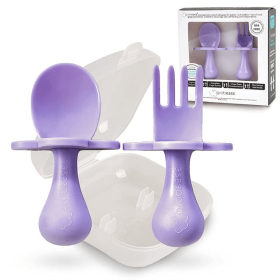 Grabease Baby and Toddler Self-Feeding Utensils – Spoon and Fork Set for Baby-Led Weaning – Made of Non-Toxic Plastic – Featuring Protective Barriers